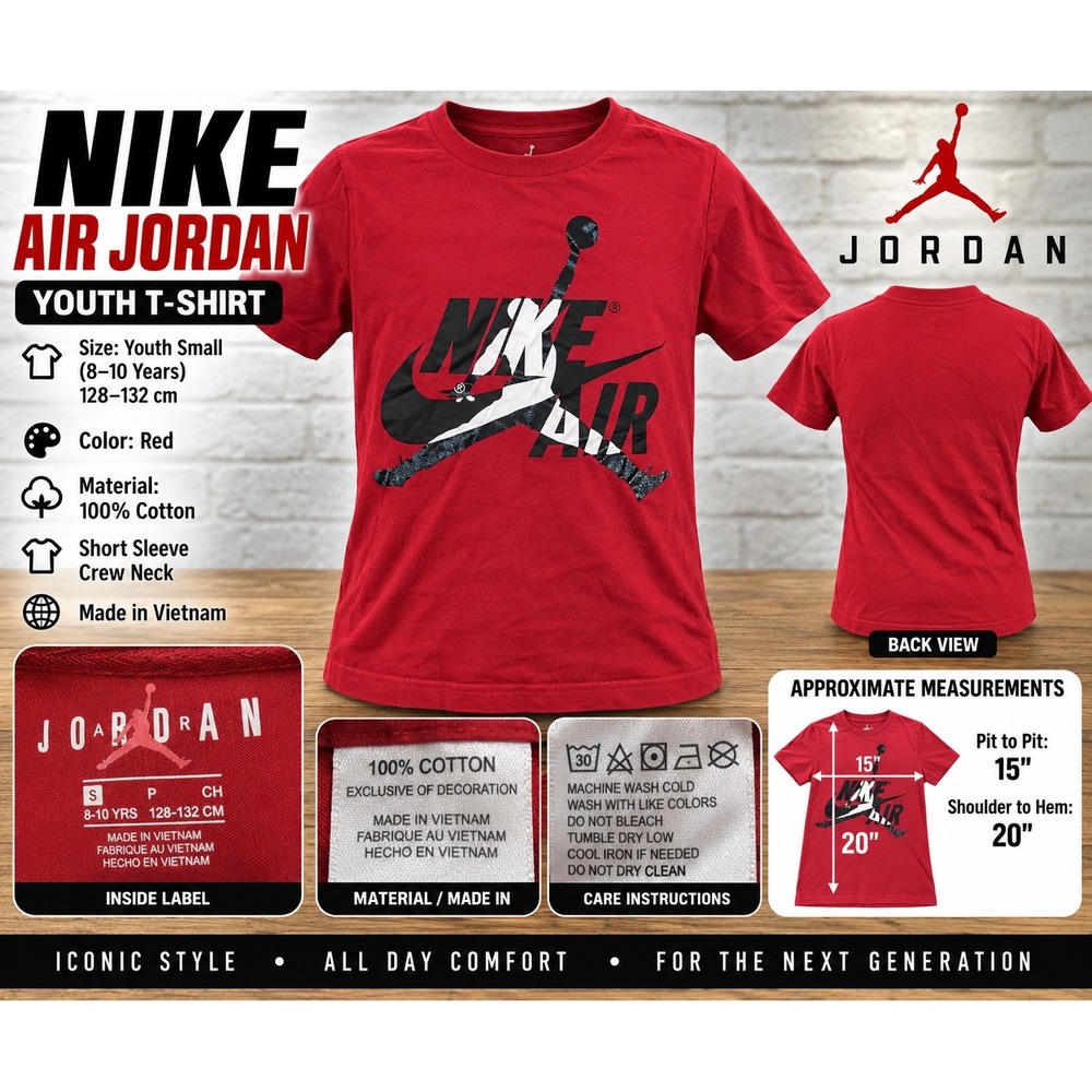 Nike Air Jordan Youth T-Shirt Red Jumpman Nike Air Graphic Tee Size Small 8-10